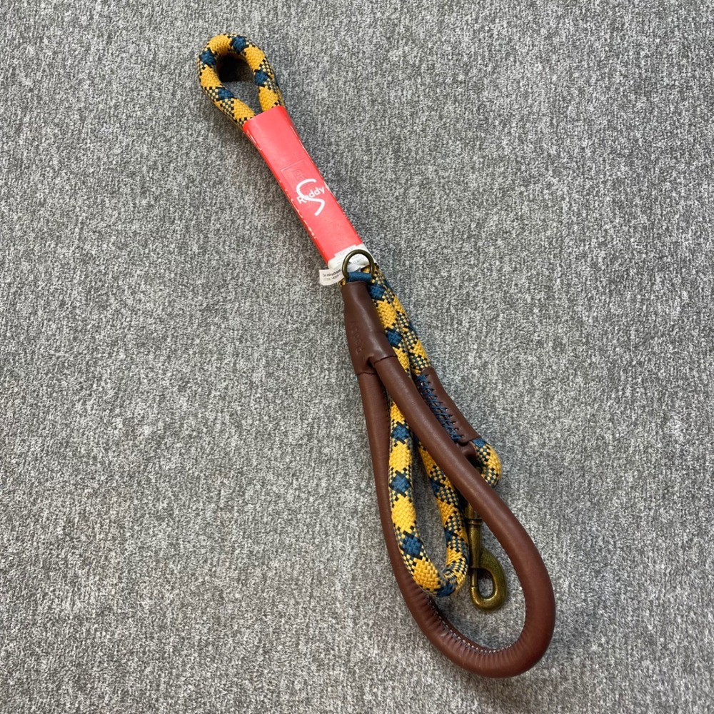 Reddy Yellow Navy Woven Rope Dog Lead 6ft Brown Leather Handle Brass Hardware